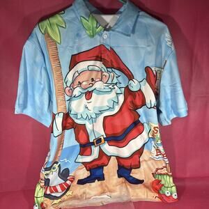 Men’s Large Short Sleeve Hawaiian Style Christmas Santa QQ